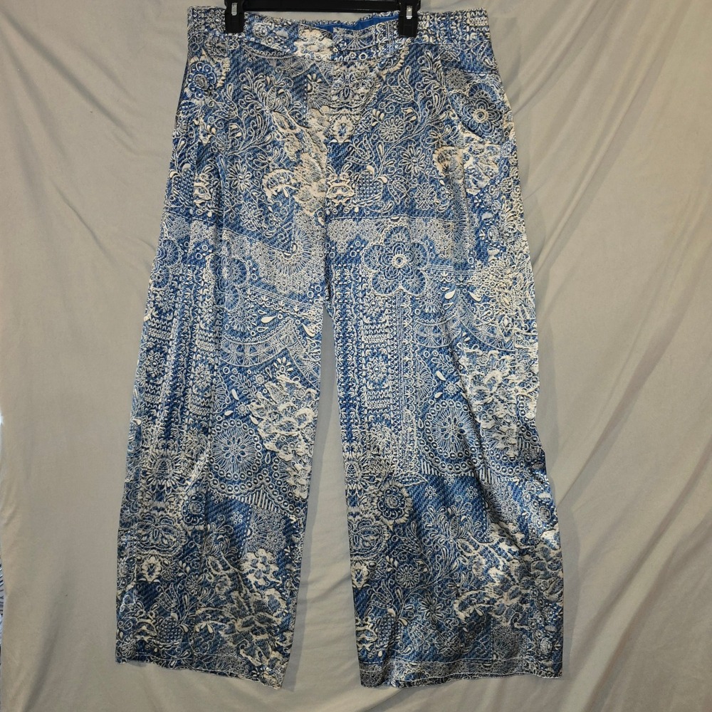 Johnny Was Lauchlen Pants XL Women Blue Silk Blend Wide Leg Floral Denim Print